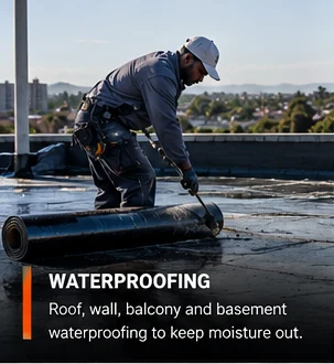 Worker applying torch-on waterproofing membrane to a flat roof