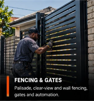 Fencer installing a dark aluminium slatted gate