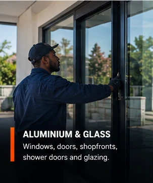 Glazier fitting an aluminium-framed glass sliding door