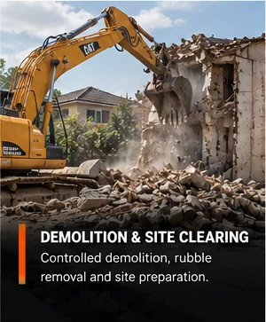 Excavator demolishing a concrete building
