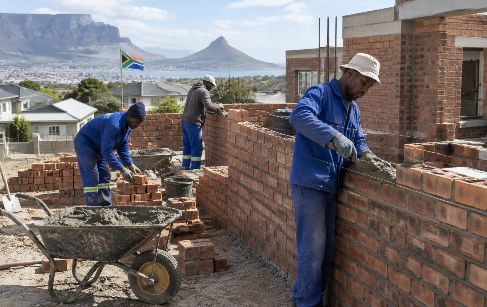 Bricklayers building the walls of a new house