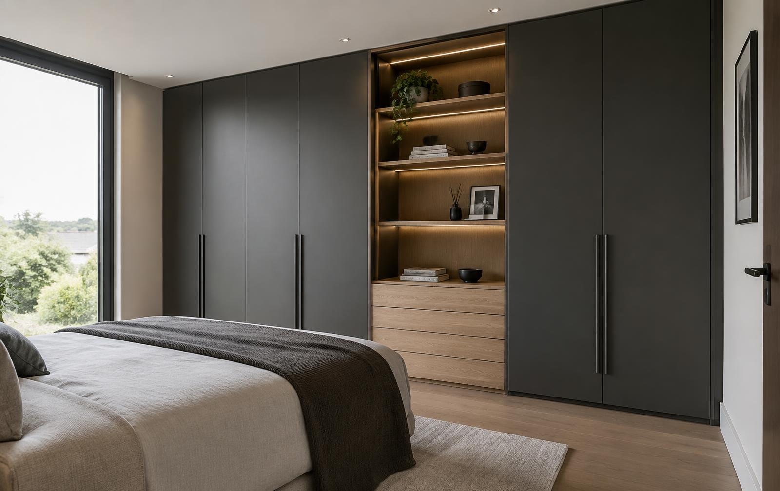 Built-in charcoal wardrobes with lit oak shelving in a bedroom