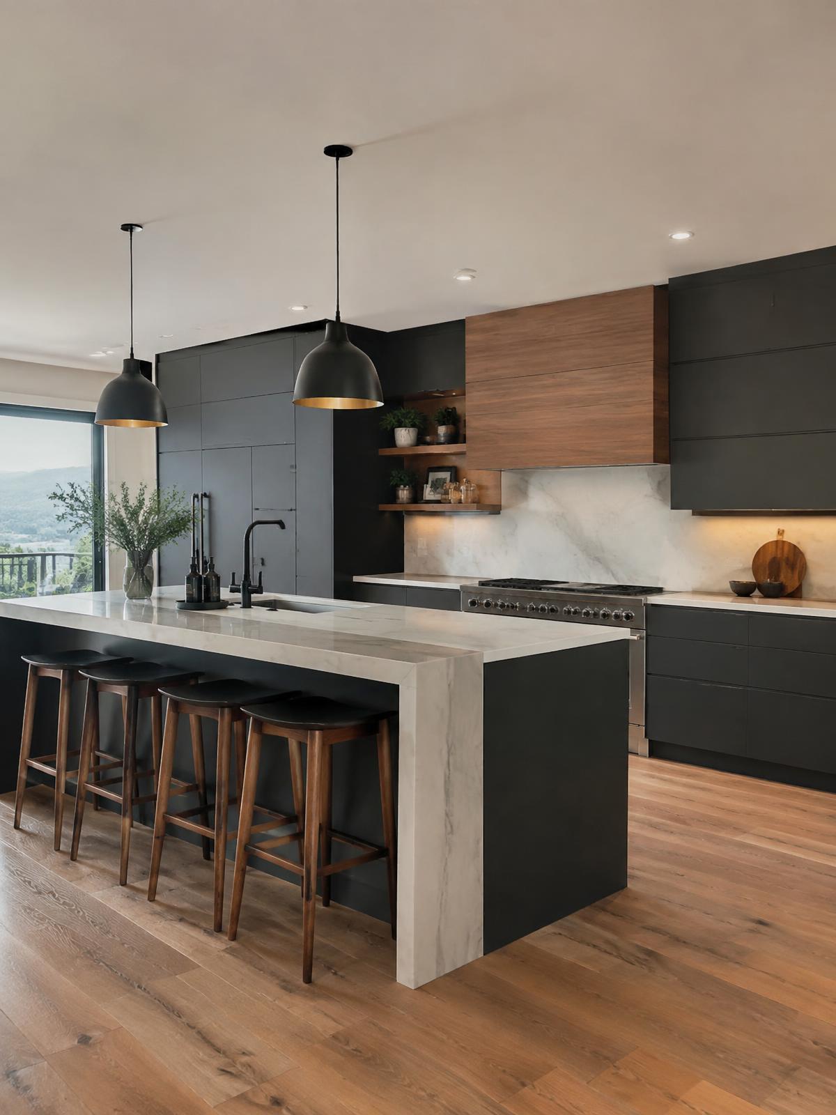 Modern fitted kitchen with charcoal cabinets and a white stone island
