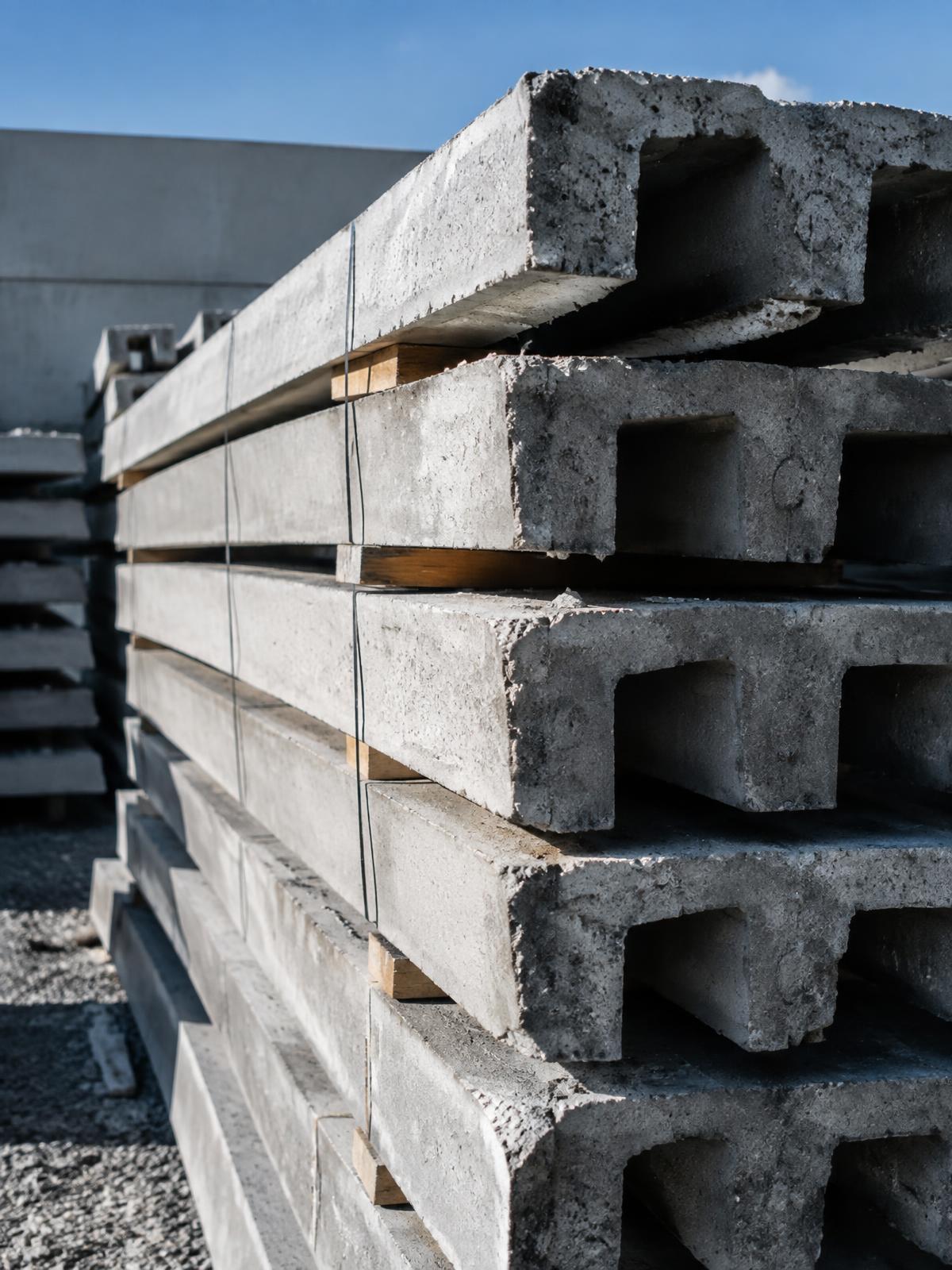 Stacked precast concrete lintels in a supply yard